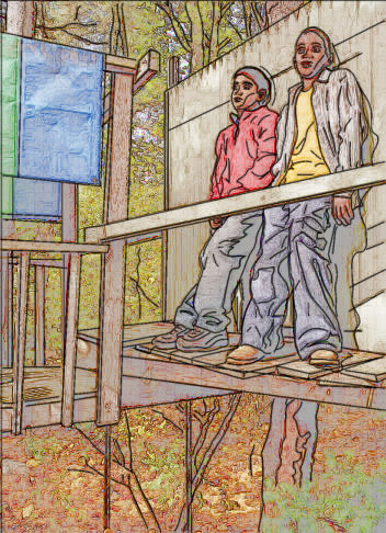 two boys in a treehouse, looking off into the distance, thinking;